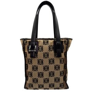 LOEWE Handbag Mini Tote Beige‎ Black Logo Canvas Leather Trim Designer Purse